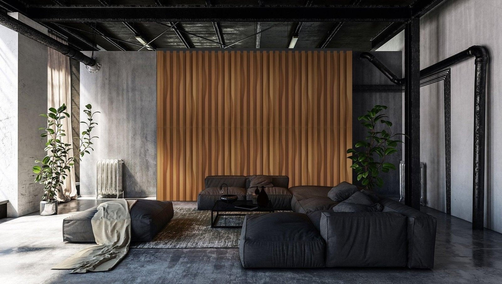 Dark gray modular sectional sofa with plush cushions and minimalist design featured in 2022 luxury feature walls trends