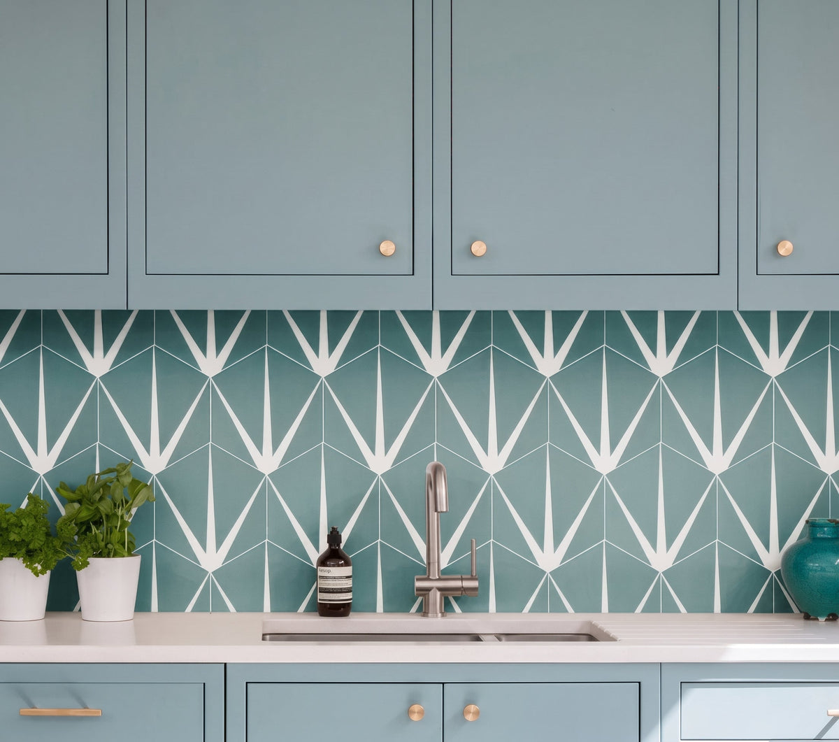 Lilypad Porcelain Eucalyptus Encaustic kitchen wall tiles from Hyperion Tiles