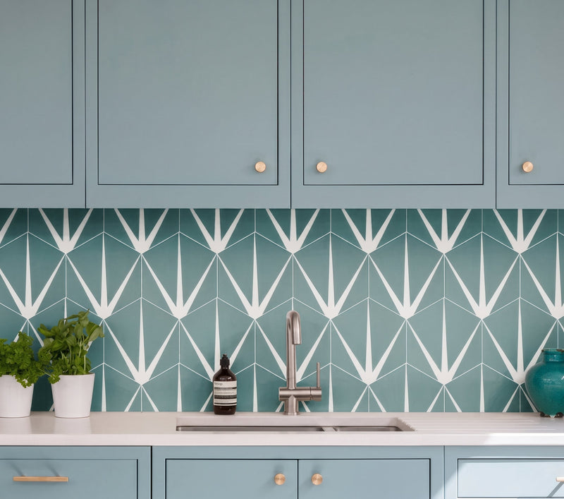Lilypad Porcelain Eucalyptus Encaustic kitchen wall tiles from Hyperion Tiles
