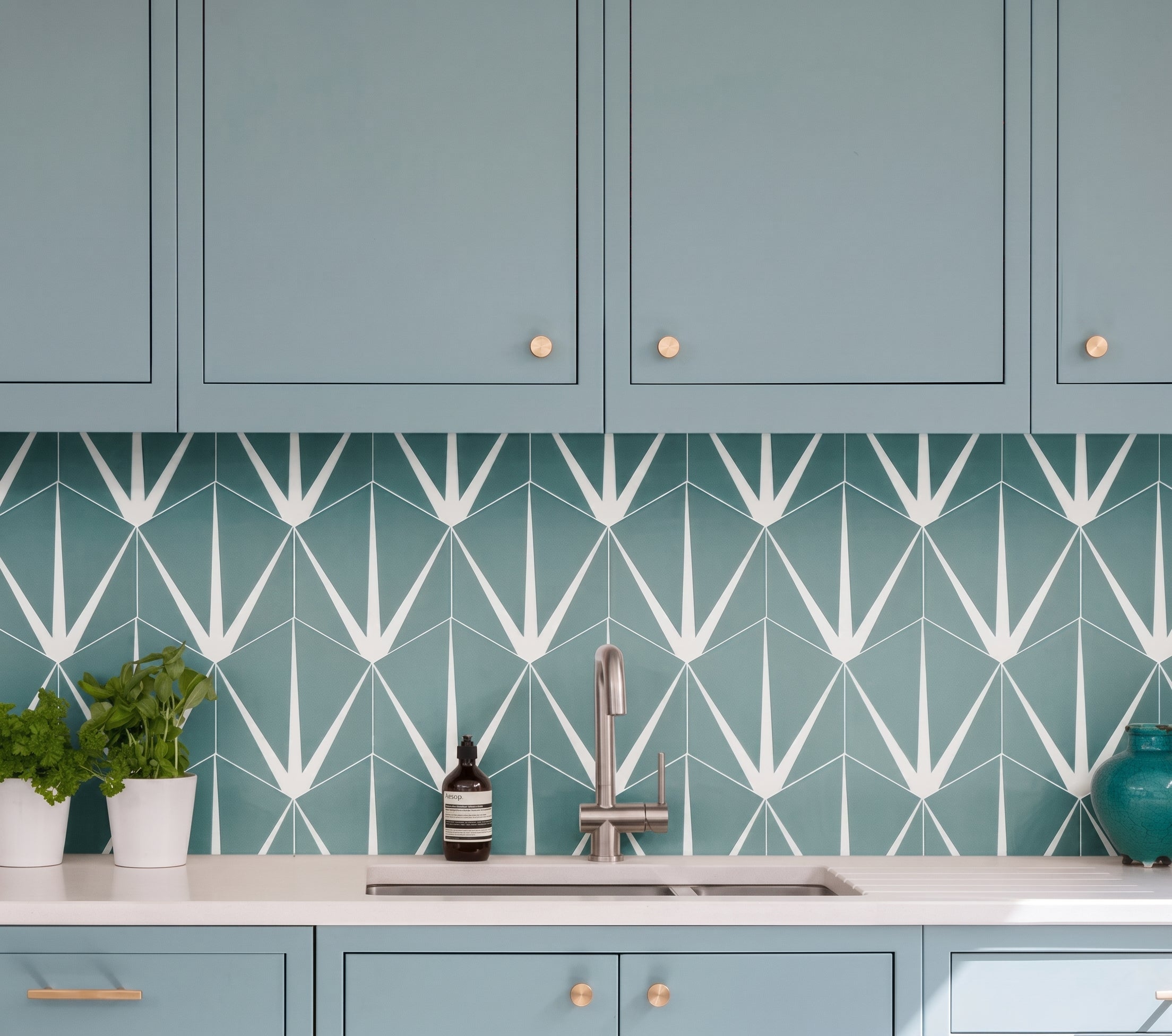 Lilypad Porcelain Eucalyptus Encaustic kitchen wall tiles from Hyperion Tiles