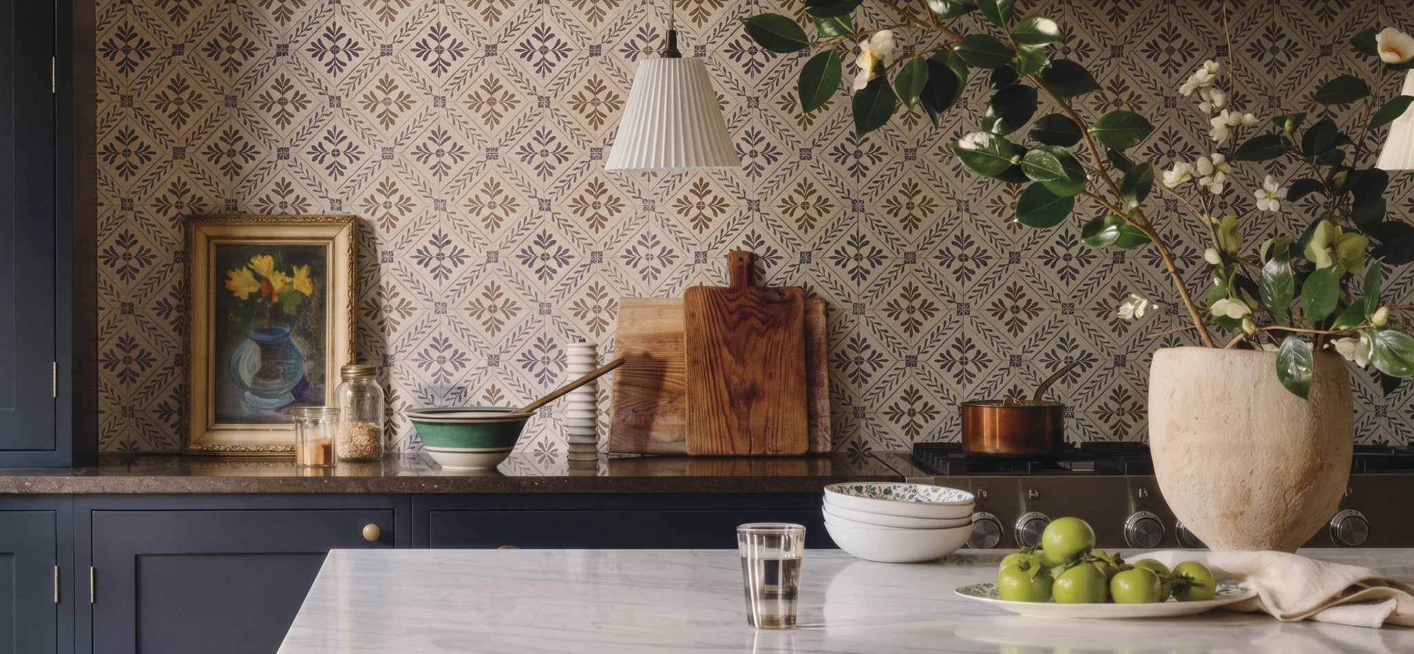 Nina Campbell Goa Indigo Chocolate tiles from Hyperion Tiles