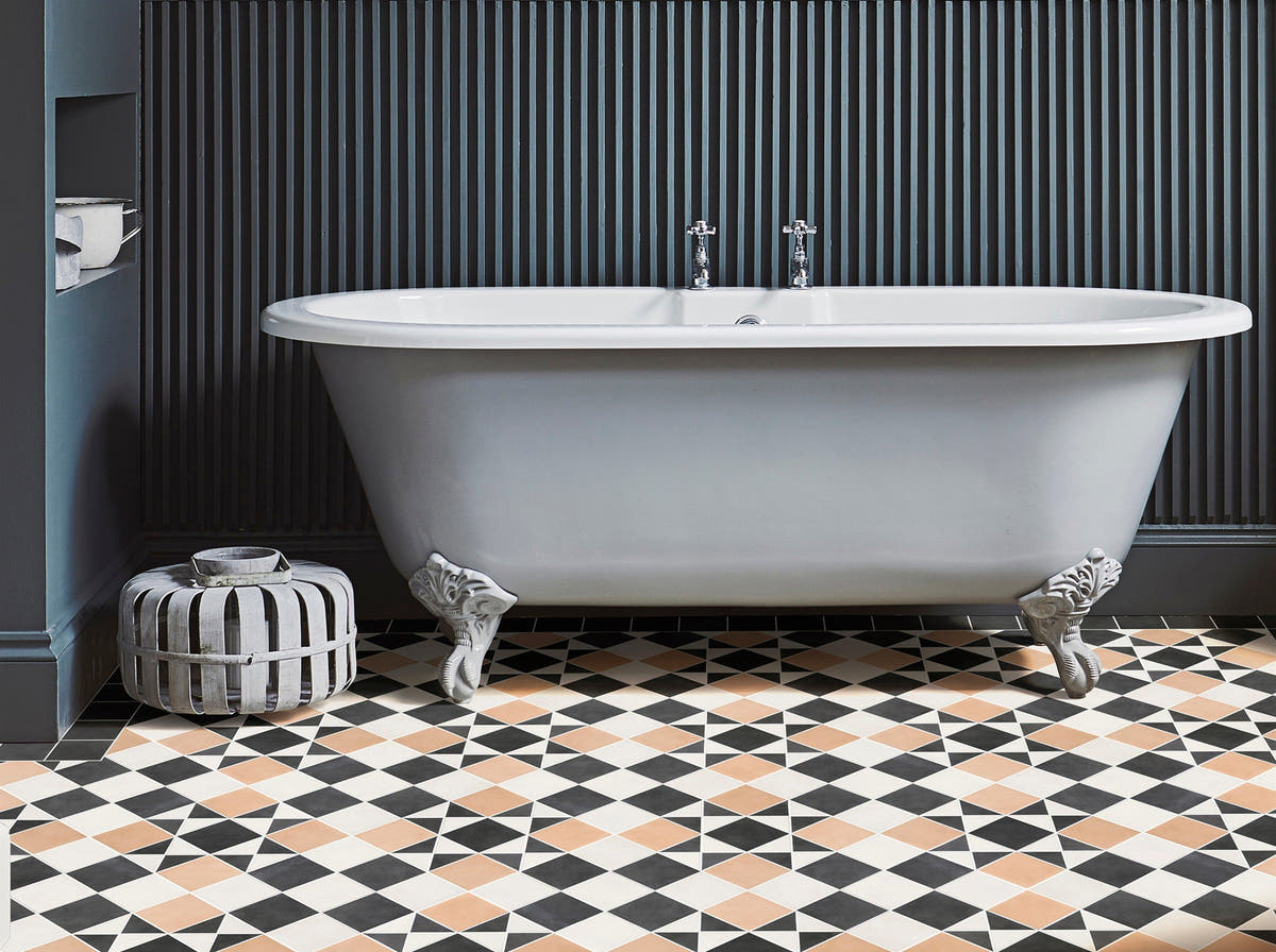 bathroom with patterned floor tiles from Hyperion Tiles
