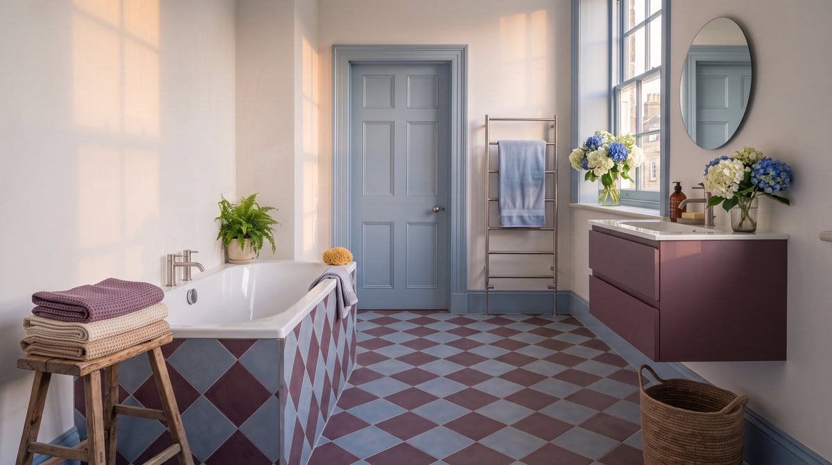 Blue and pink bathroom with distinctive chequerboard tiles