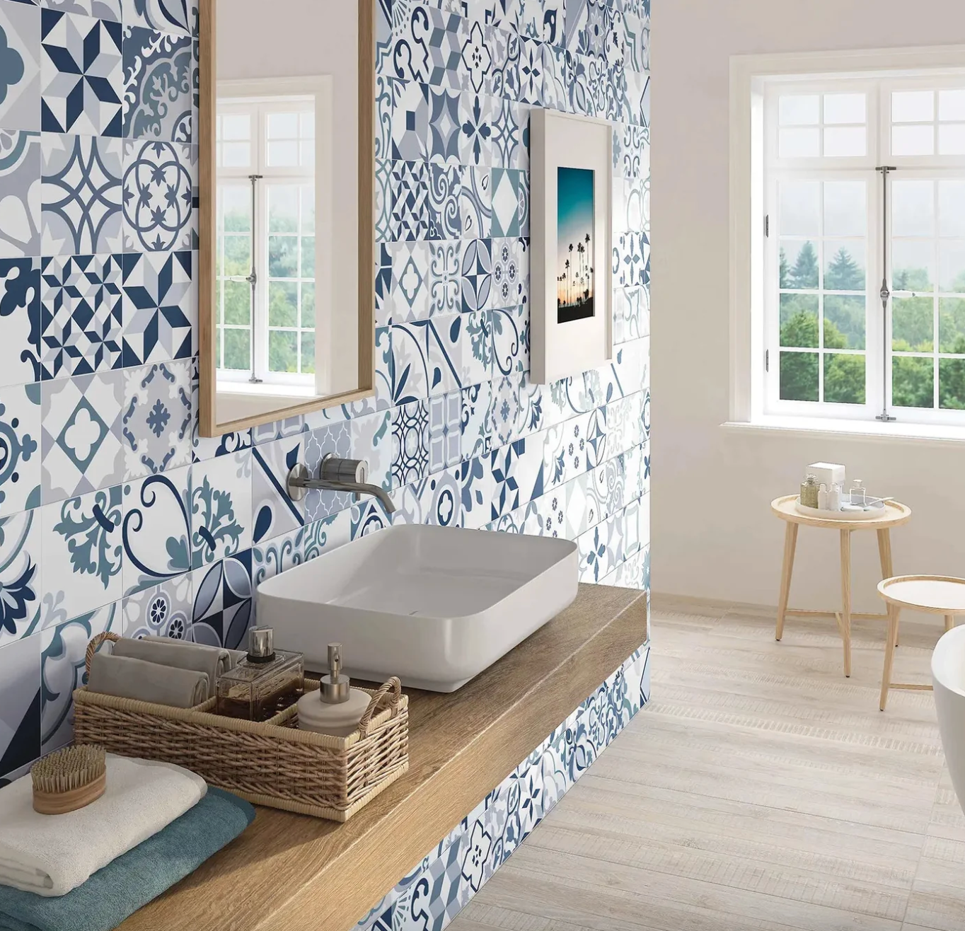 Lumier Taco Blue patterned porcelain bathroom tiles as a bold feature wall