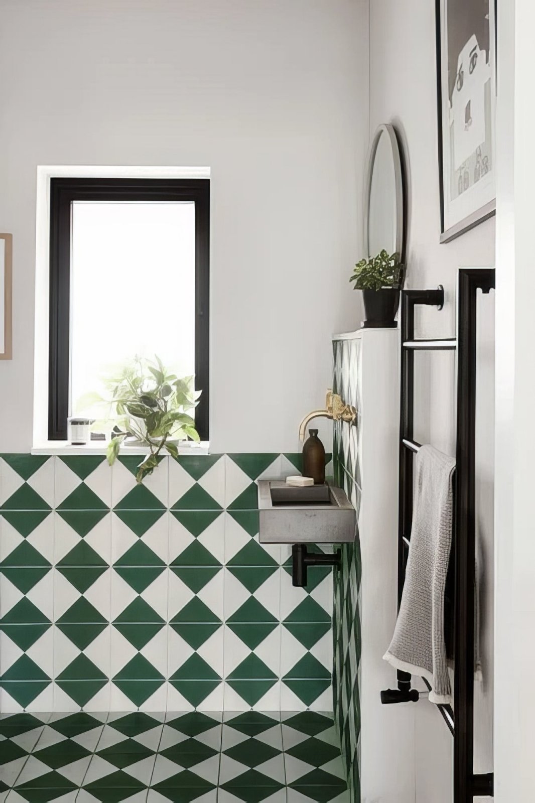 Green and white diamond patterned ceramic tiles covering bathroom walls for luxury small bathroom decor ideas
