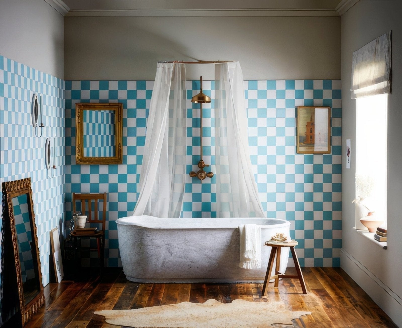 White freestanding bathtub with marble finish and towel draped over side in bathroom wall tile transformation article