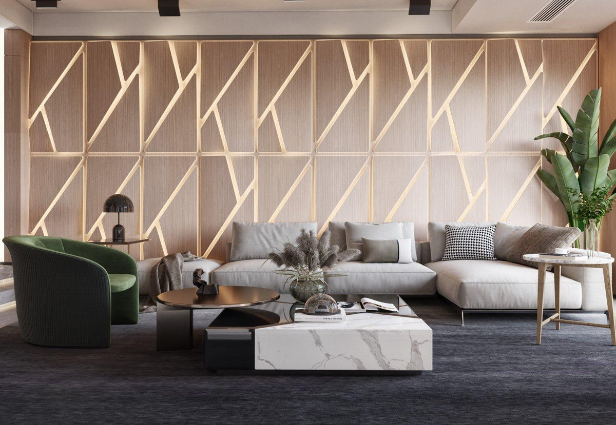 Modern beige and gold geometric accent wall featuring illuminated bespoke panels for stylish interior projects