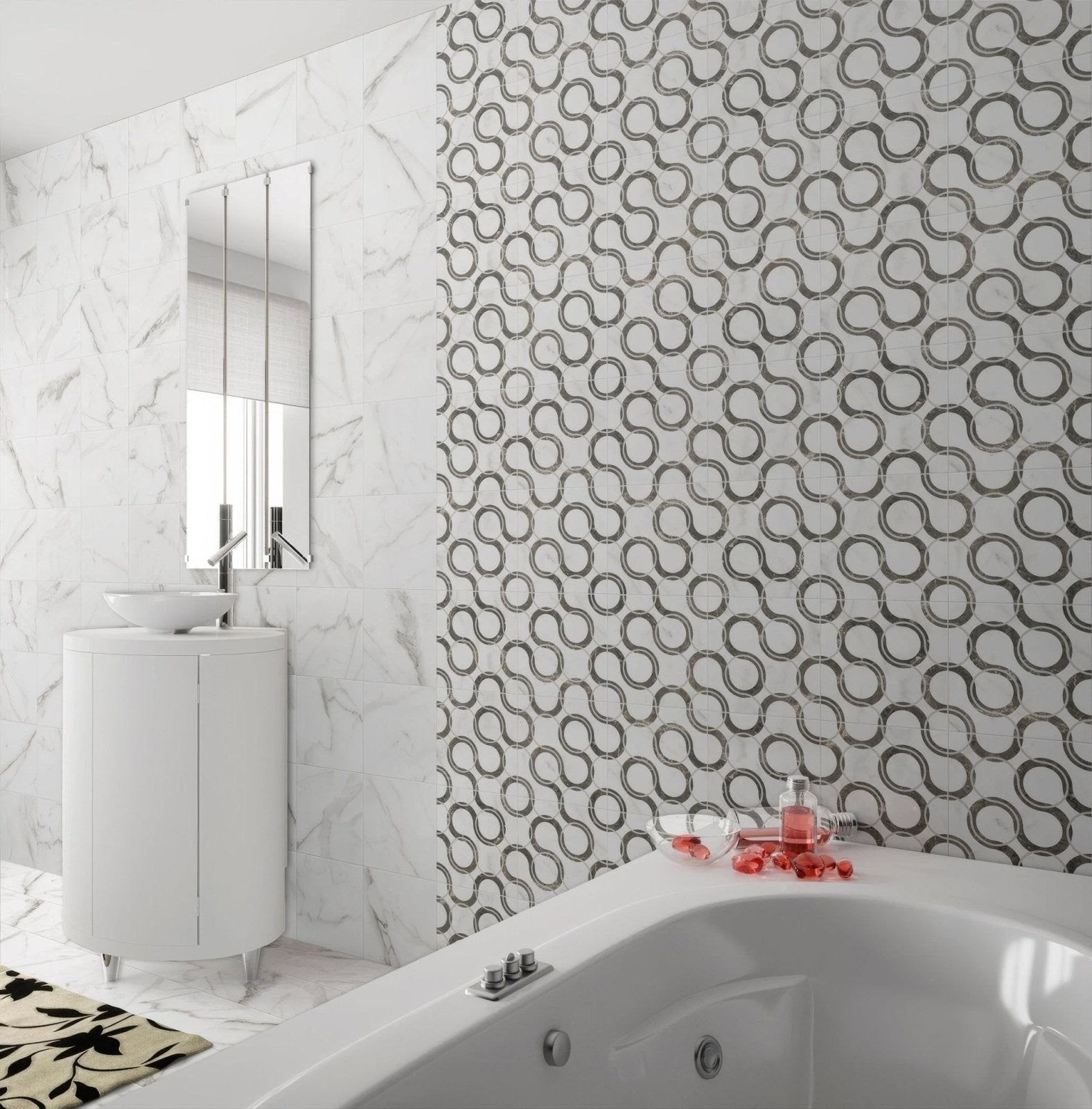 White marble-patterned bathroom wall tiles with black and white swirling design for stylish home interiors