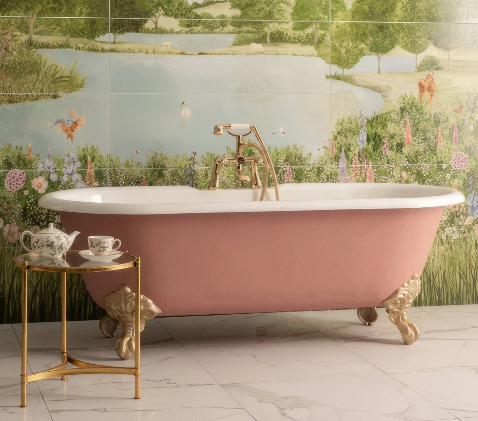 A pink freestanding bathtub with ornate gold claw feet and faucet set against a pastoral tiled feature wall