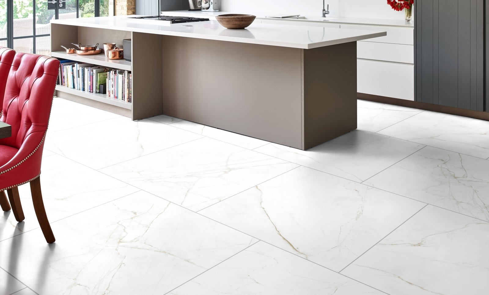 White marble-effect floor tiles 100 x 100 cm with subtle gray veining for stylish interior flooring