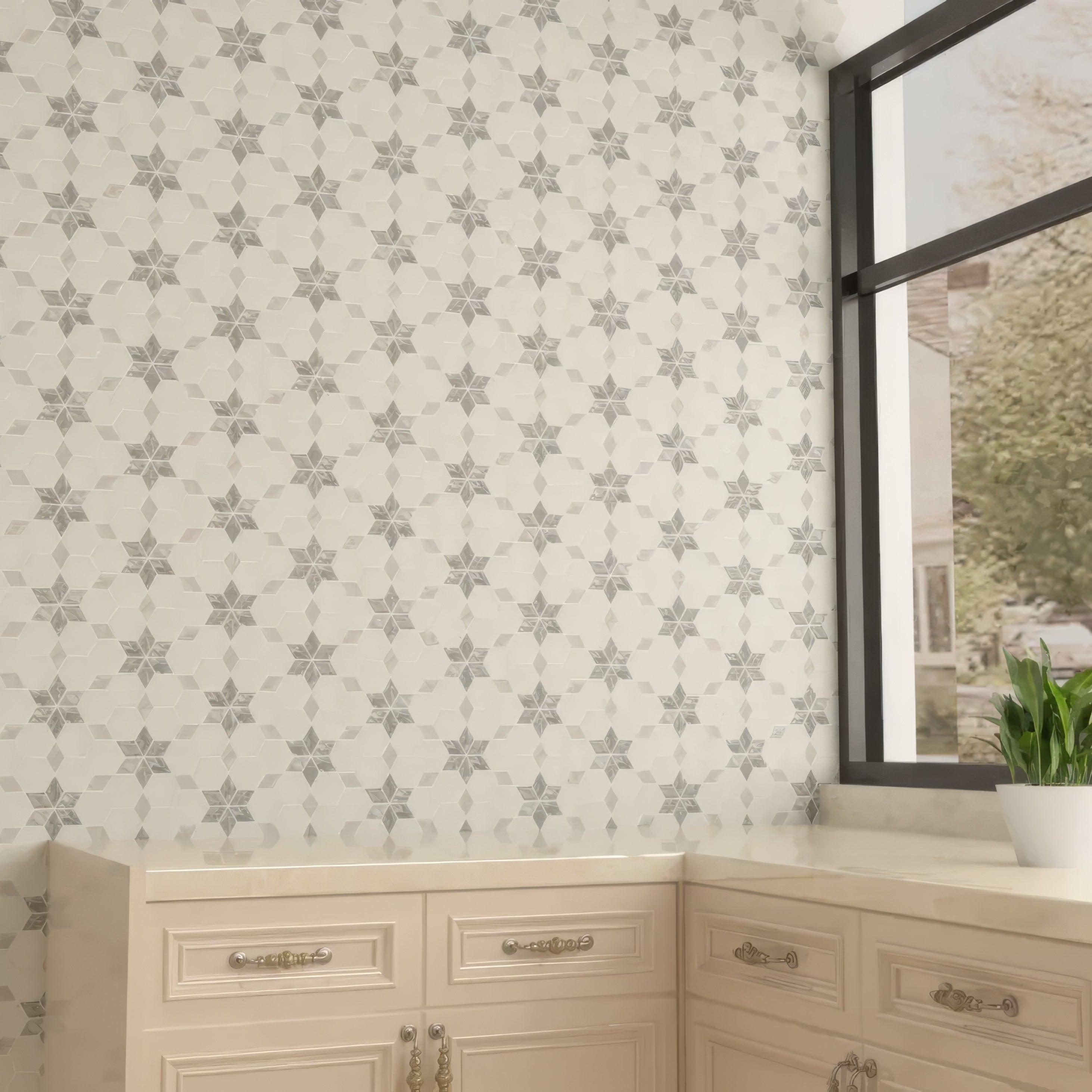 Starline marble mosaic in a cloakroom setting with white sanitaryware and painted panelling