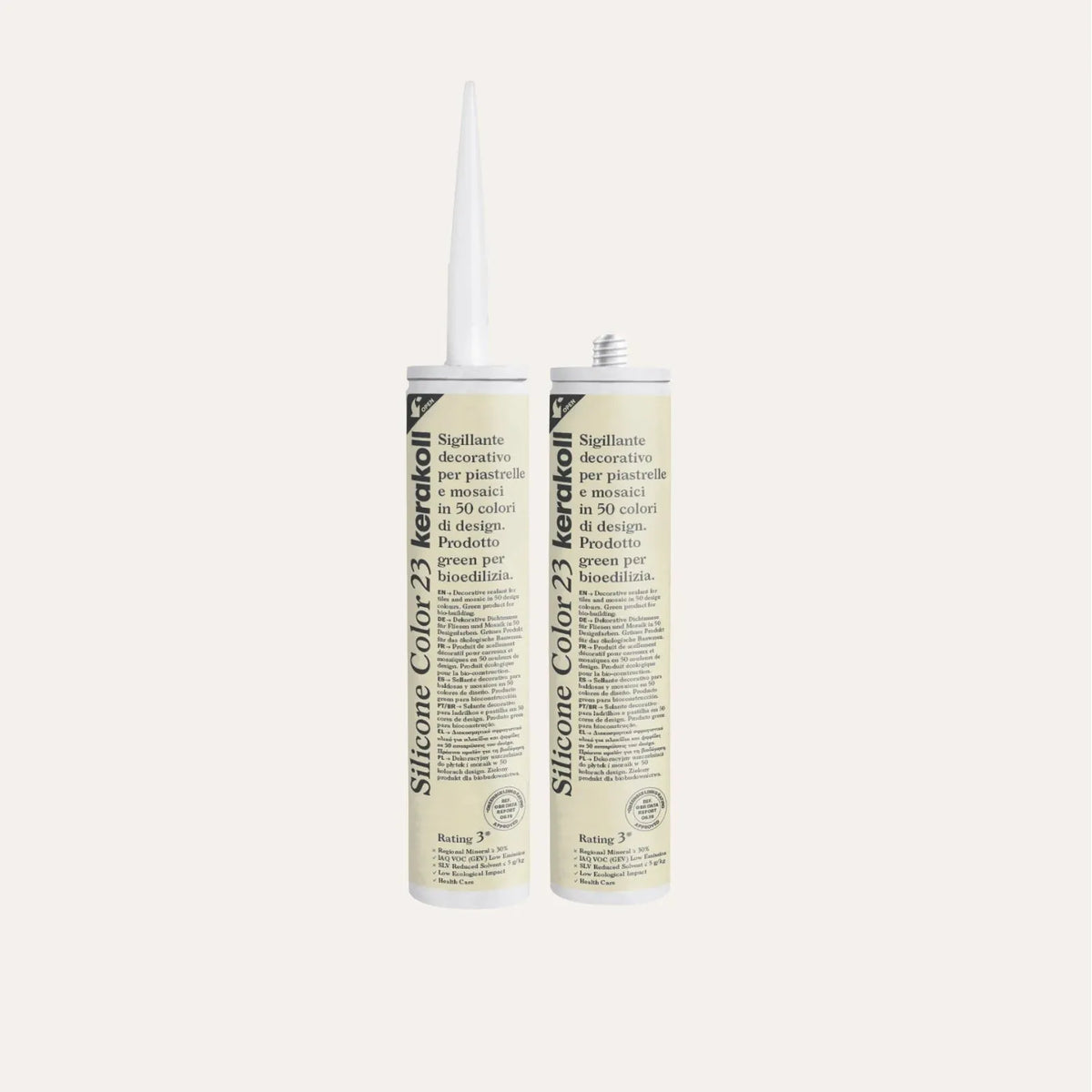 Ca'Pietra Kerakoll Silicone Colour in Cream (No.23), a colour-matched 310ml silicone sealant cartridge shown as a cured colour sample