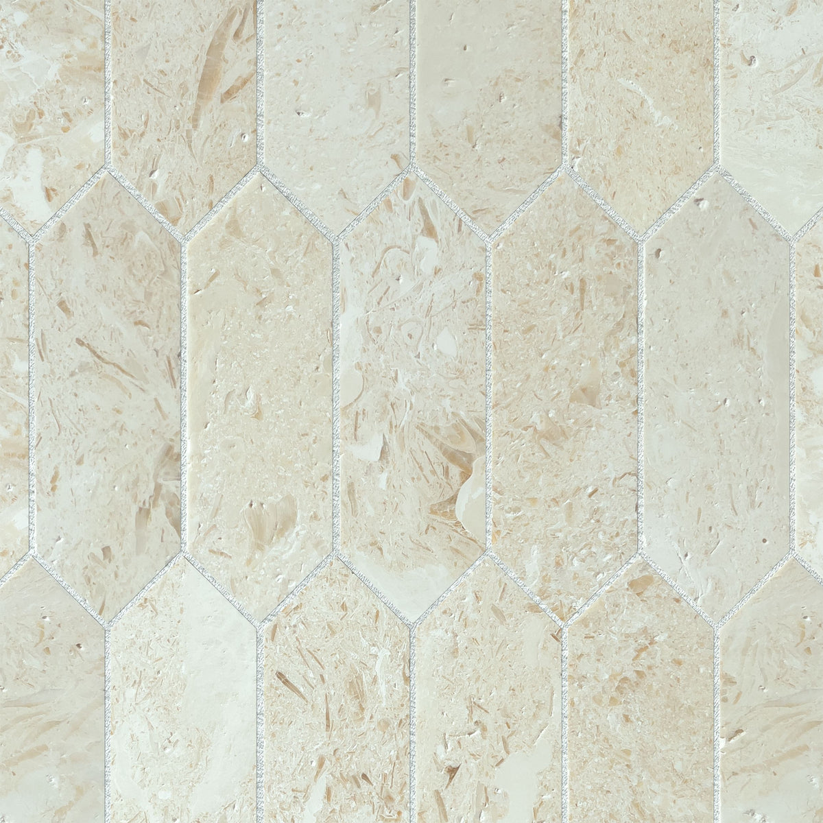 Close detail of brushed Shellstone limestone pickets showing shell traces and a low tactile texture