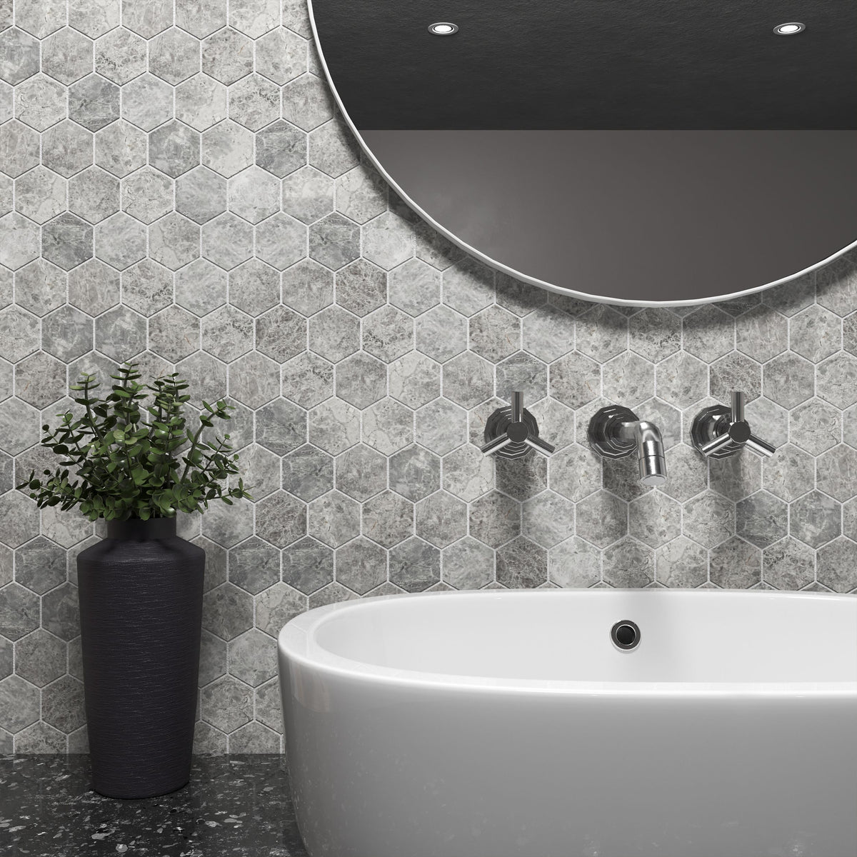 Close detail of cloudy drifts and darker seams across polished grey marble hexagons