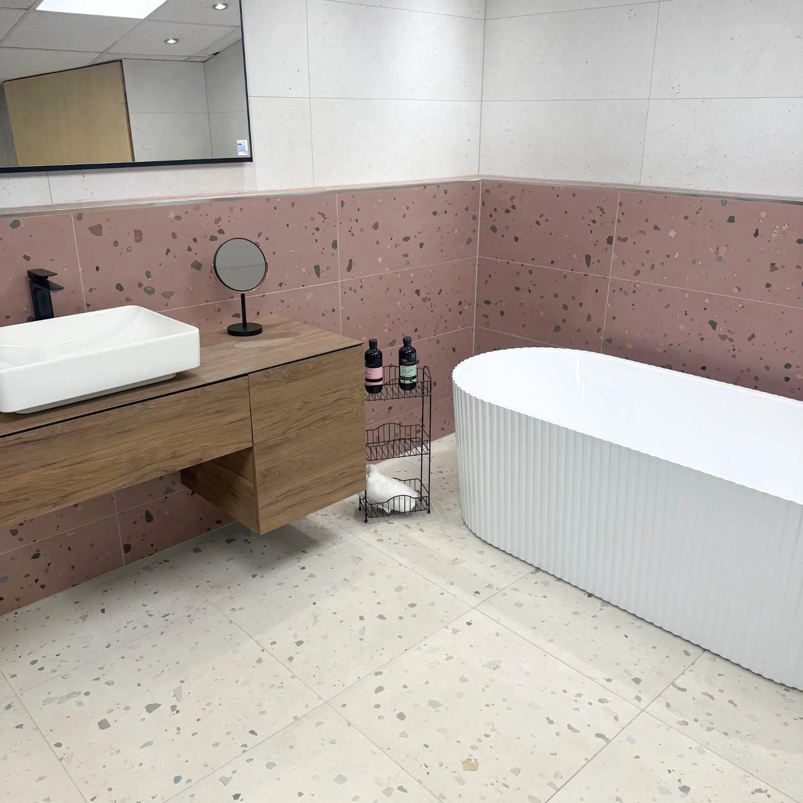 Happy Joy Ivory 60 x 60cm Porcelain Tile in a bathroom setting