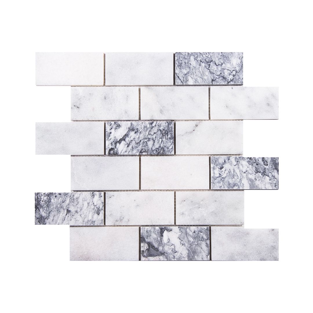 Sheet of Carrara White and Platinum Grey honed marble brick mosaic in staggered courses