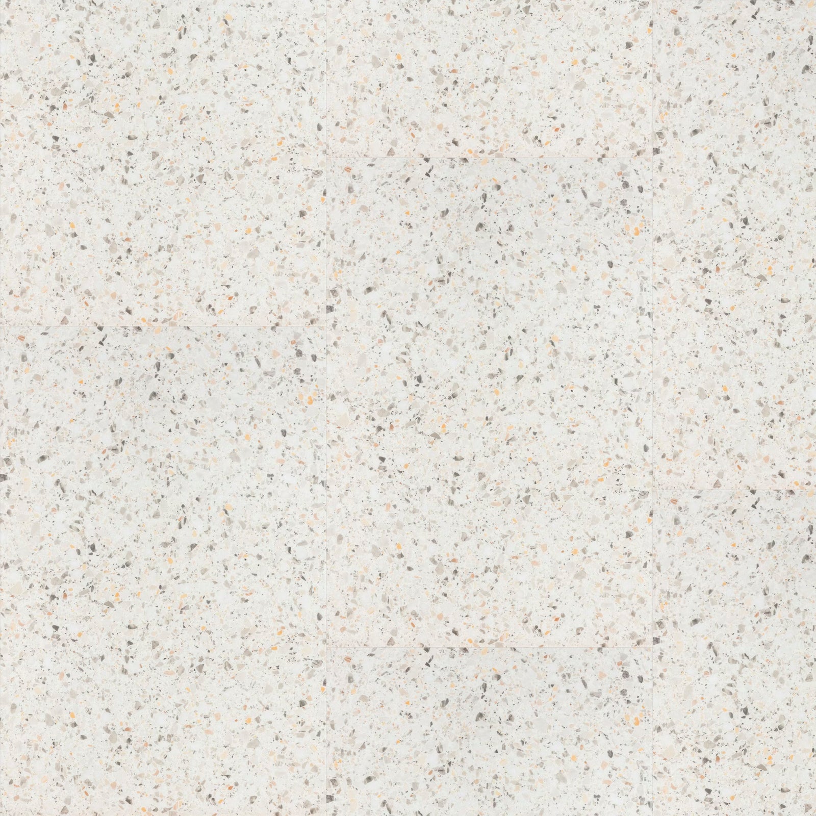 White terrazzo big vinyl tiles verona f023 with a speckled pattern of gray black and beige flecks