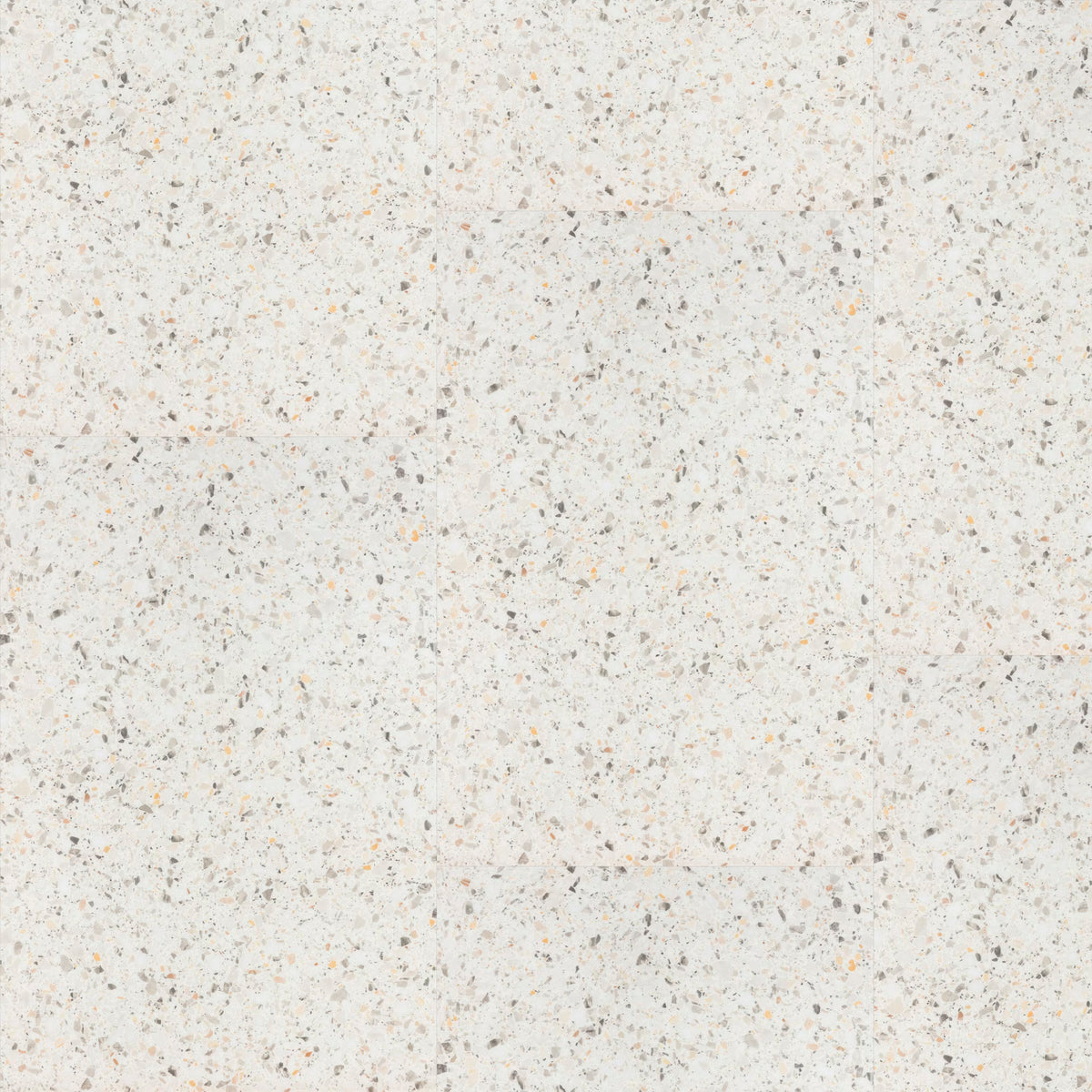 White terrazzo big vinyl tiles verona f023 with a speckled pattern of gray black and beige flecks