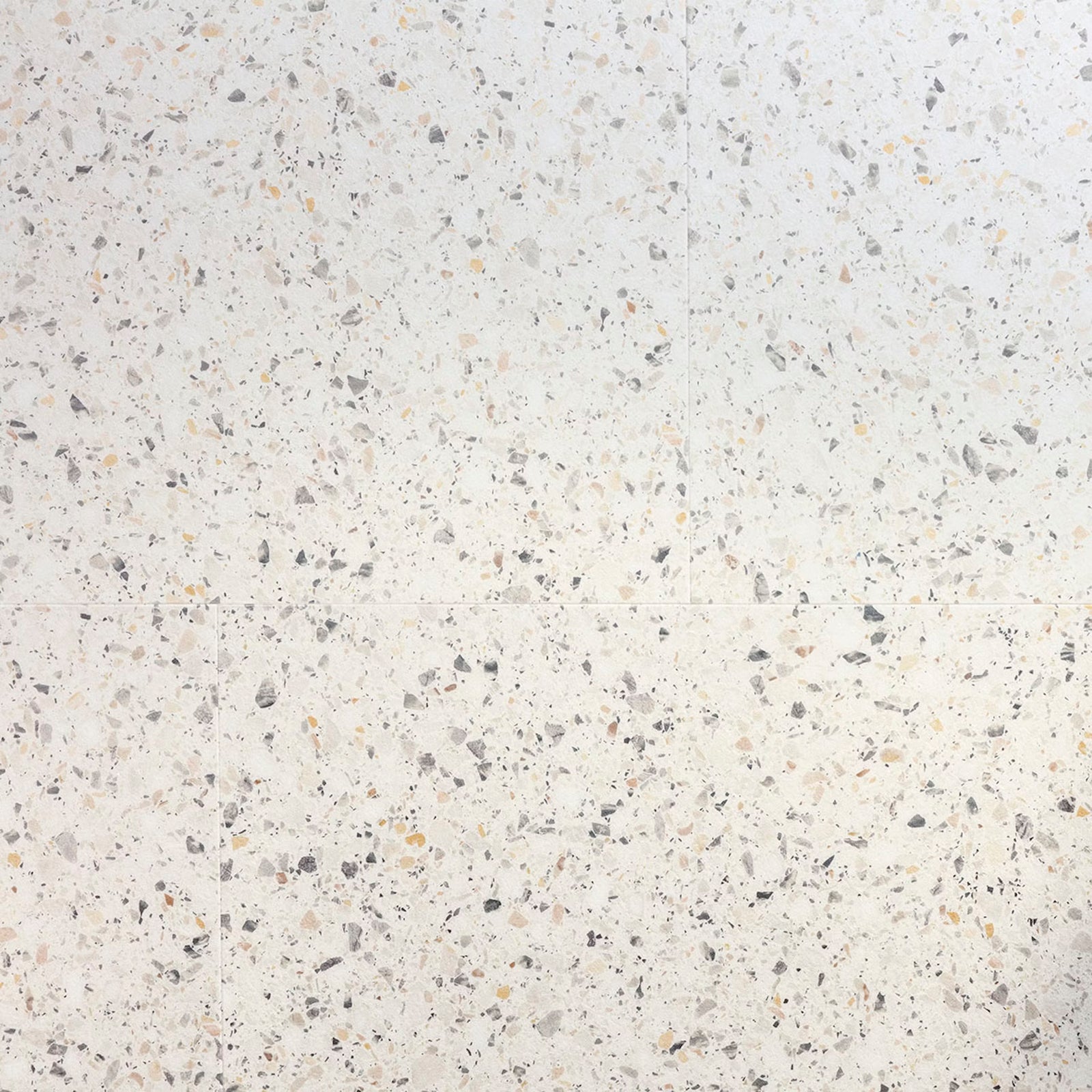 White Verona F023 terrazzo big vinyl tile with speckled gray black and beige fragments pattern on surface