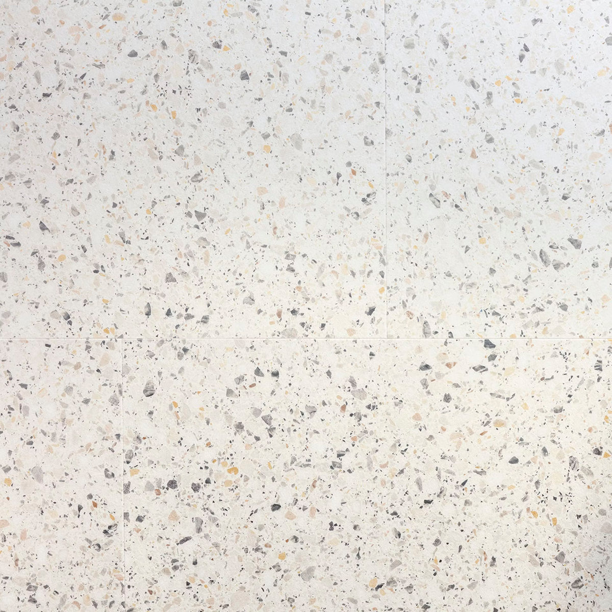 White Verona F023 terrazzo big vinyl tile with speckled gray black and beige fragments pattern on surface