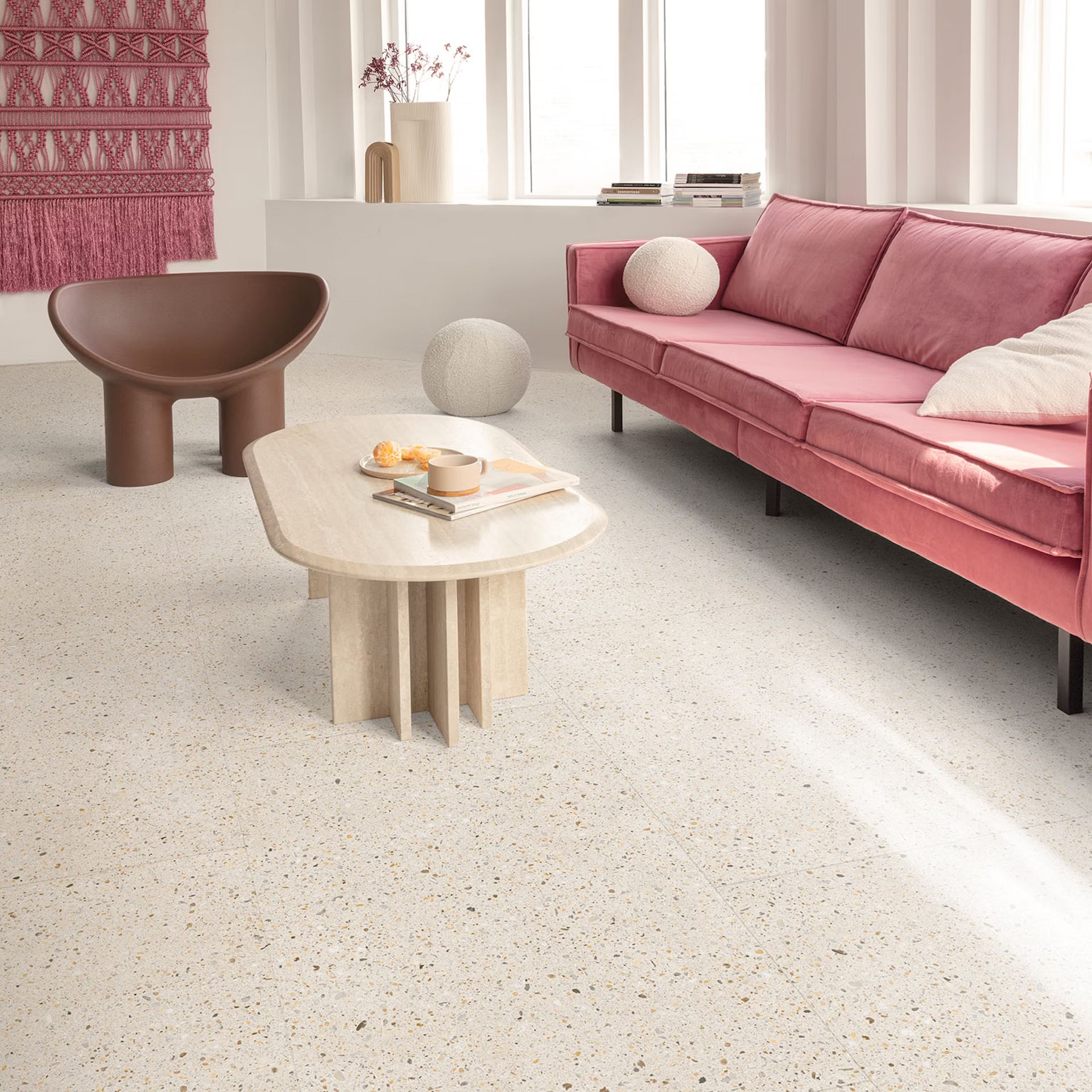 Piccolo F032 Terrazzo Big Vinyl Tiles beige terrazzo vinyl flooring in a minimalist living room