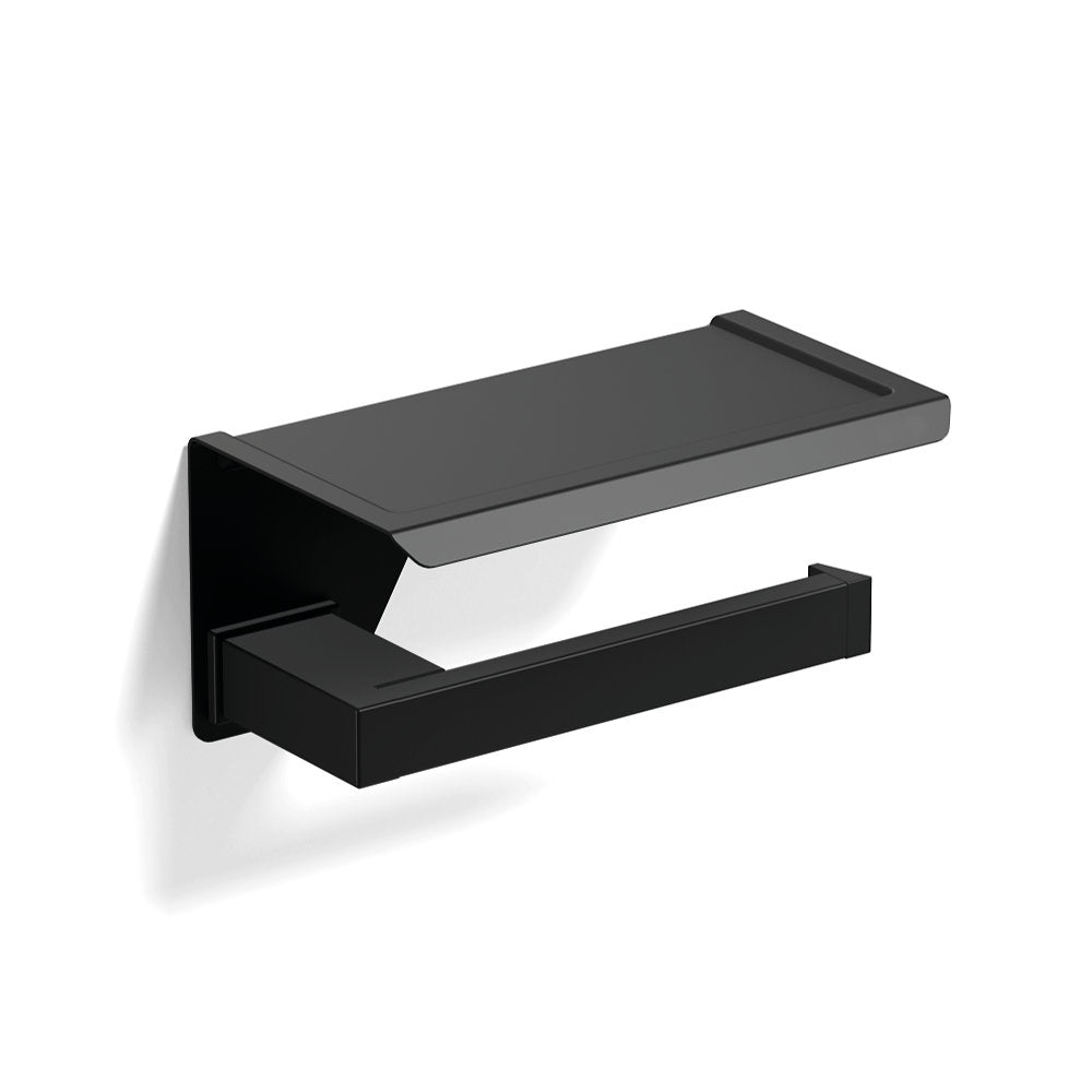 S Cube Toilet Roll Holder with Shelf in Black - Origins Living