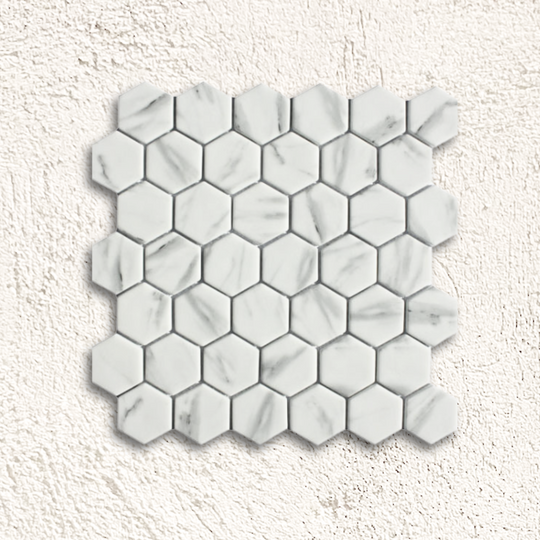 Ritz carrara hexagon mosaic white marble tile with subtle gray veining in a hexagonal pattern
