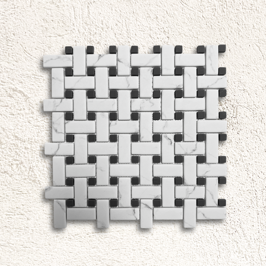 Ritz Carrara Grey Basketweave mosaic with white and dark grey marble tiles in a woven basketweave pattern