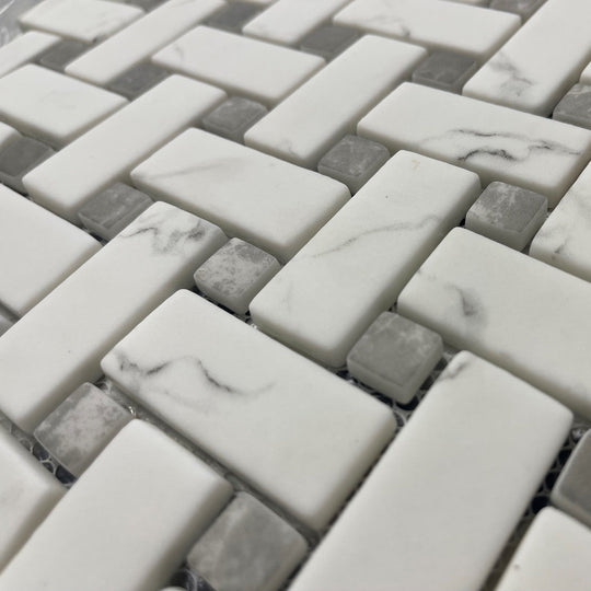 Ritz Carrara / Grey Marble-Effect Glass Basketweave Mosaic Tile 28.6x28.6cm - alternate view
