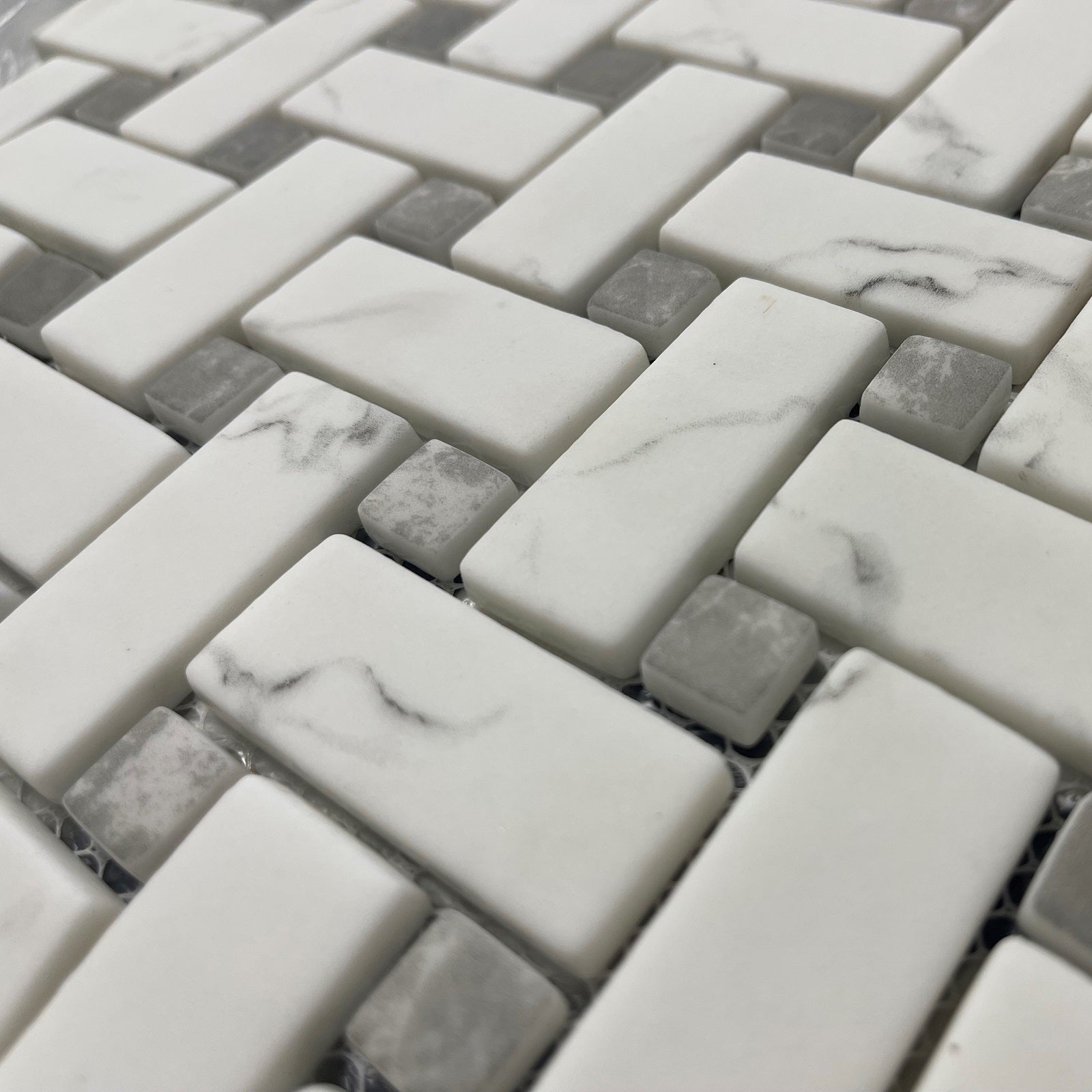 Ritz Carrara Grey Marble Basketweave mosaic in white and grey marble with a woven basketweave pattern
