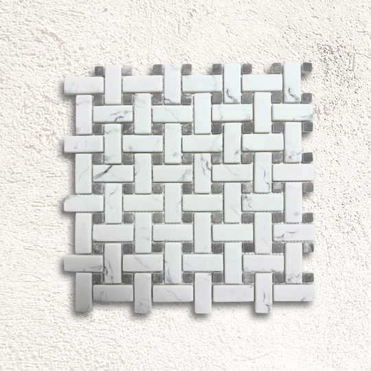 White marble basketweave mosaic tile with woven pattern featuring rectangular pieces and grey marble accents