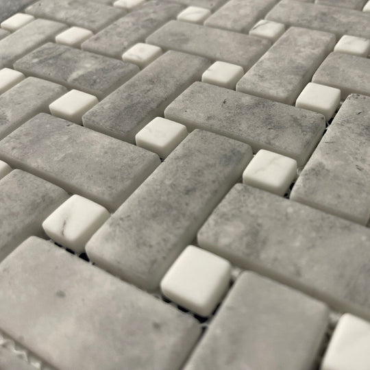 Ritz Grey / Carrara Marble-Effect Glass Basketweave Mosaic Tile 28.6x28.6cm - alternate view