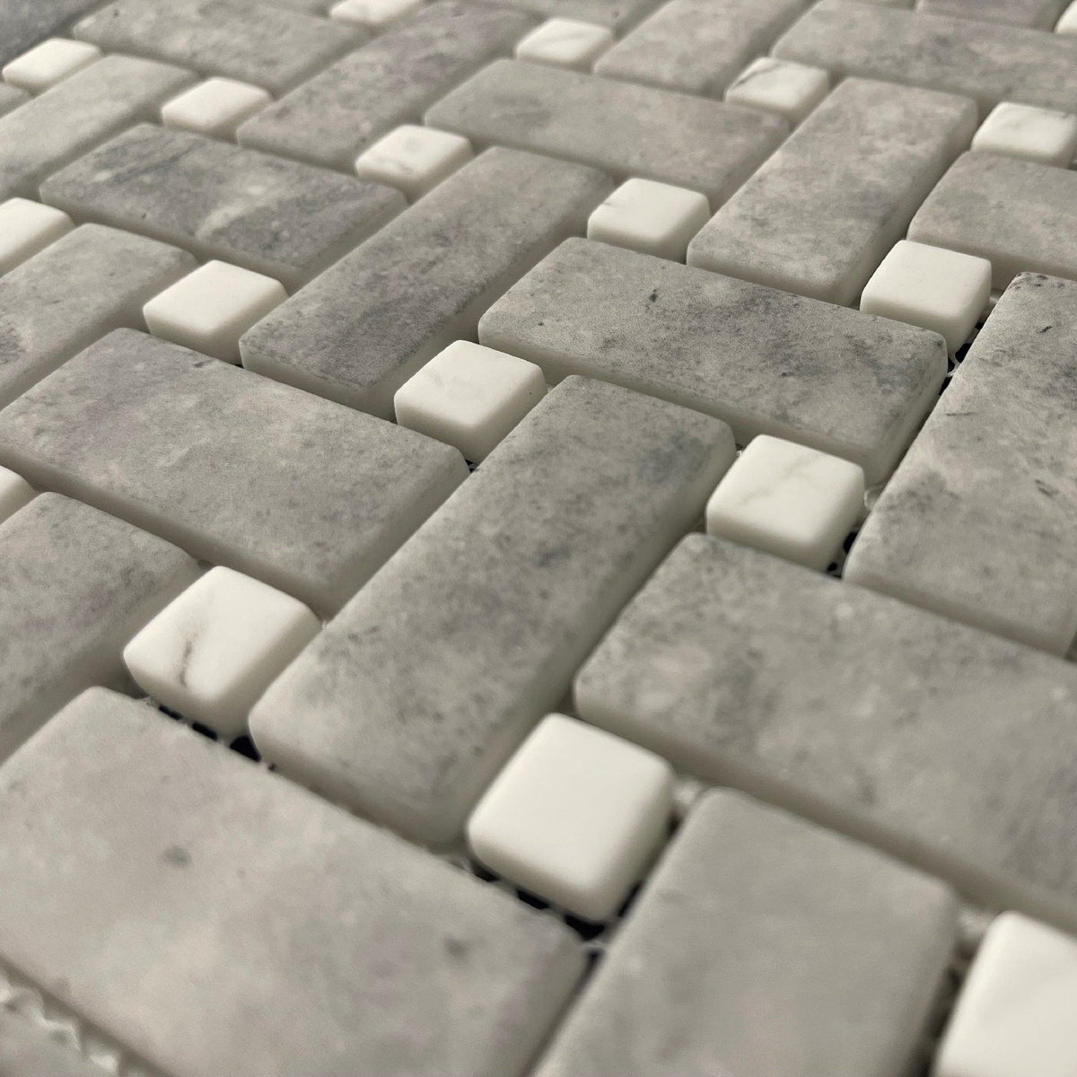 Ritz Grey Marble Carrara basketweave mosaic tile with gray and white marble in a woven pattern