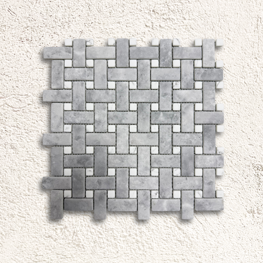 Ritz Grey Marble Carrara basketweave mosaic tile featuring gray marble with small white square accents