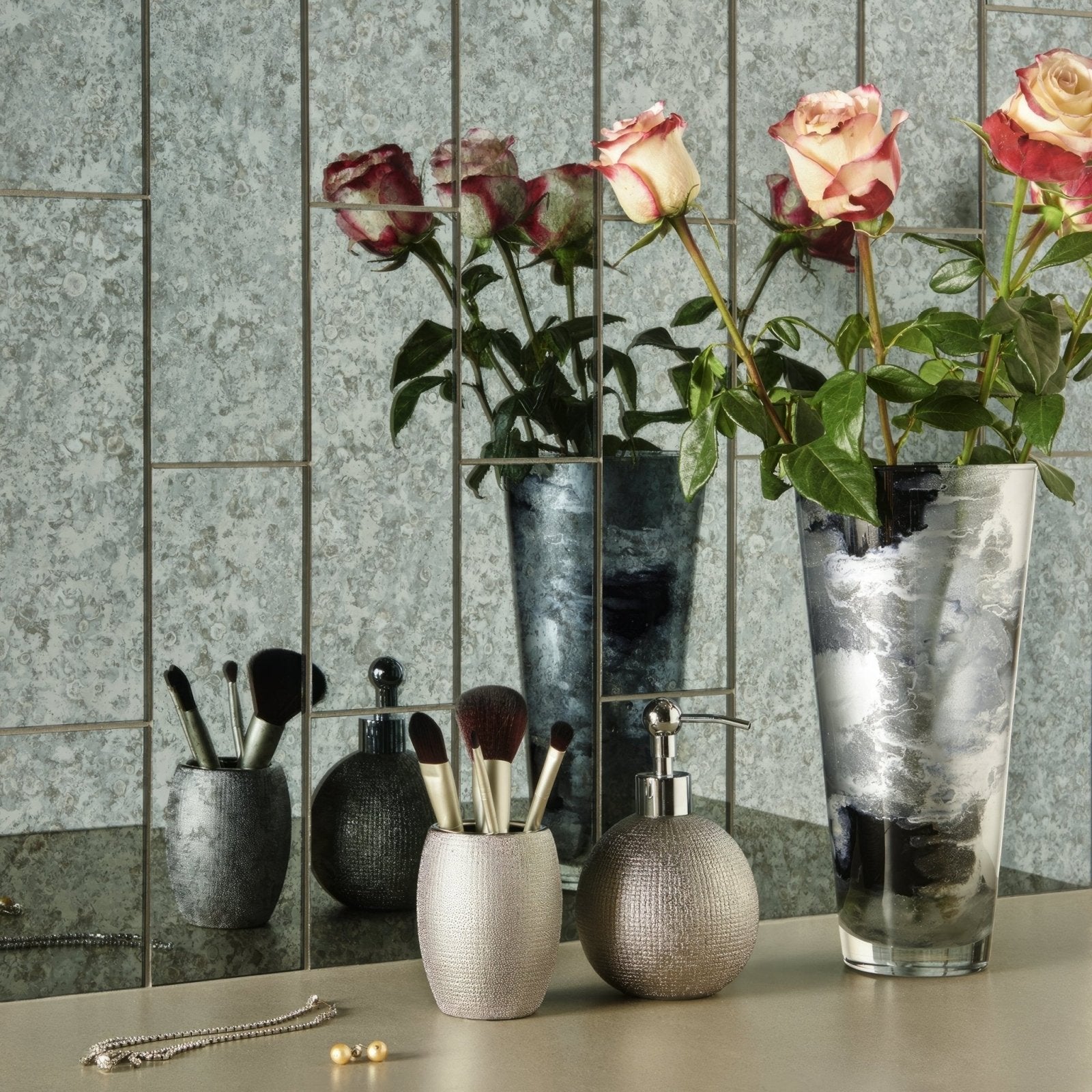 Silver textured cylindrical brush holder with matte finish and rounded top in 300mm brick antique mirror grey