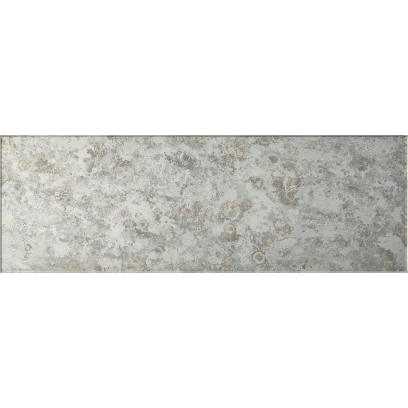 Silver-toned 300mm brick antique mirror tile with distressed mottled metallic finish and subtle circular patterns