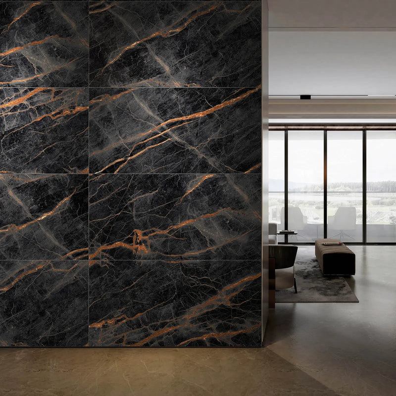Arena Carbon 60x120cm carbon marble-effect porcelain tile room setting