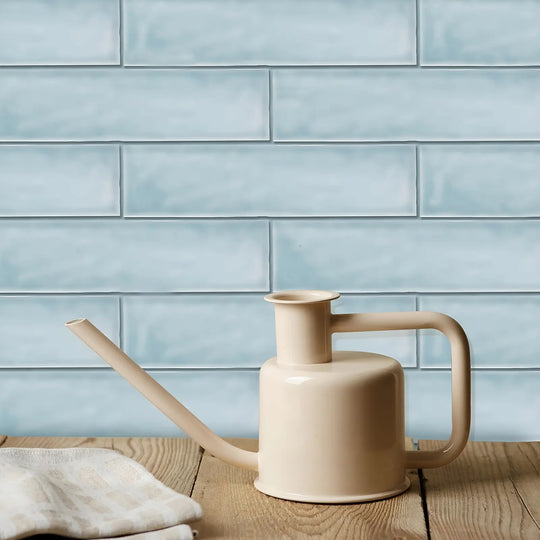 Belgravia Sky Gloss 7.5 x 30cm sky blue ceramic metro tiles in a room setting