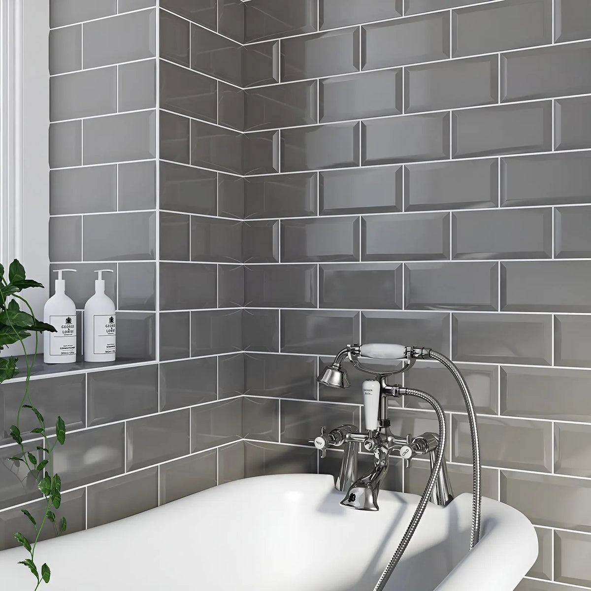 Metro Dark Grey Gloss Bevelled 10 x 20cm glazed ceramic metro tile room setting