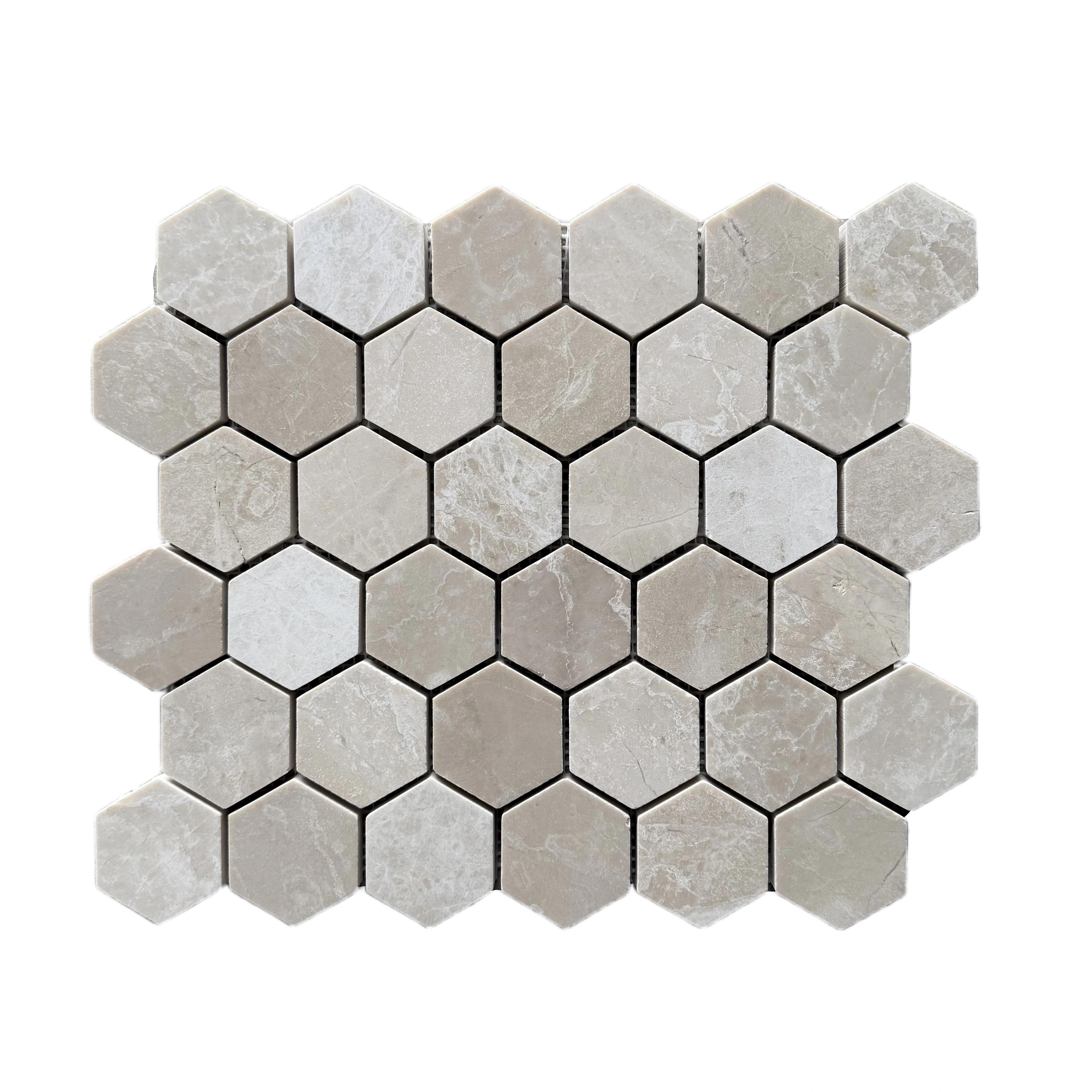 Full sheet of Belgravia Beige polished marble hexagon mosaic laid flat