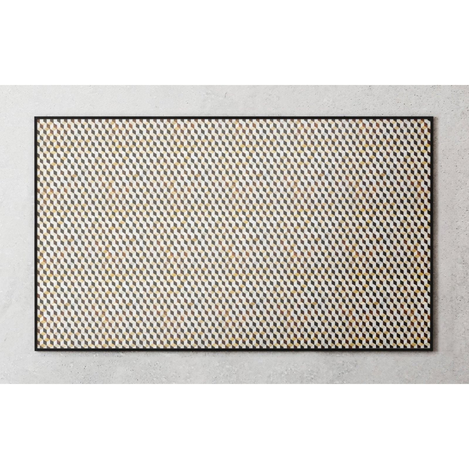 Rectangular 3d golden cube mat with interlocking diamond geometric pattern in beige gray and subtle gold tones with black border