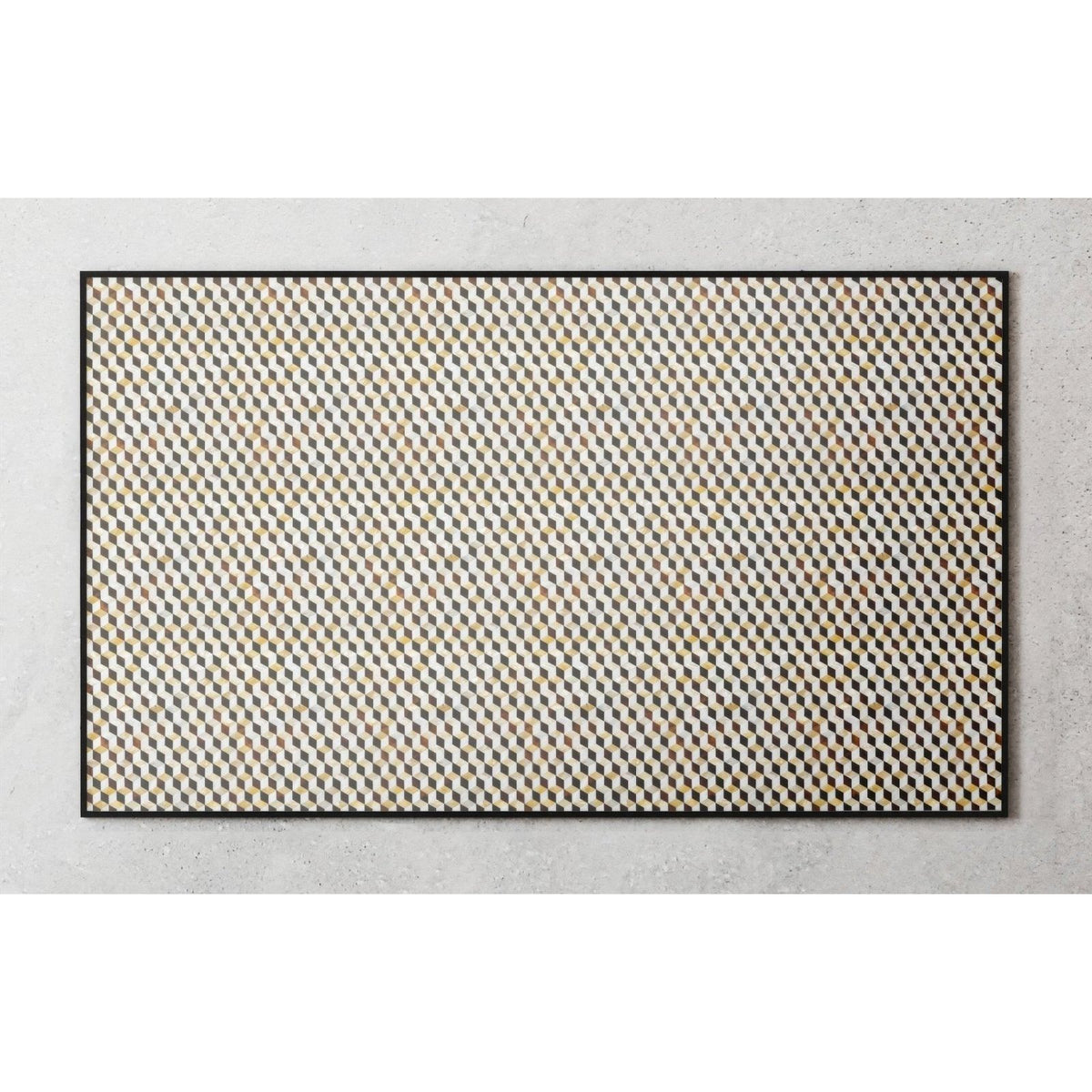 3D Golden Cube mother-of-pearl feature panel with an interlocking 3D cube pattern in beige, grey and gold tones with a black border