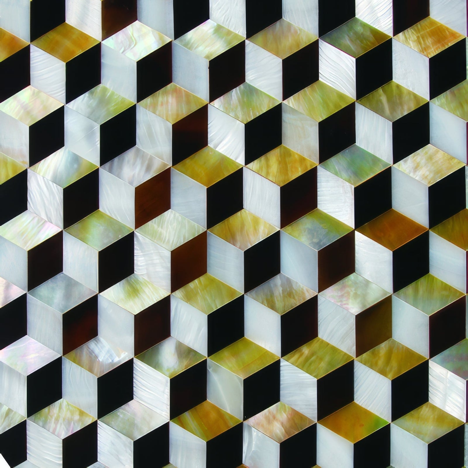 3d golden cube geometric pattern of interlocking cubes in black white mother of pearl and iridescent gold