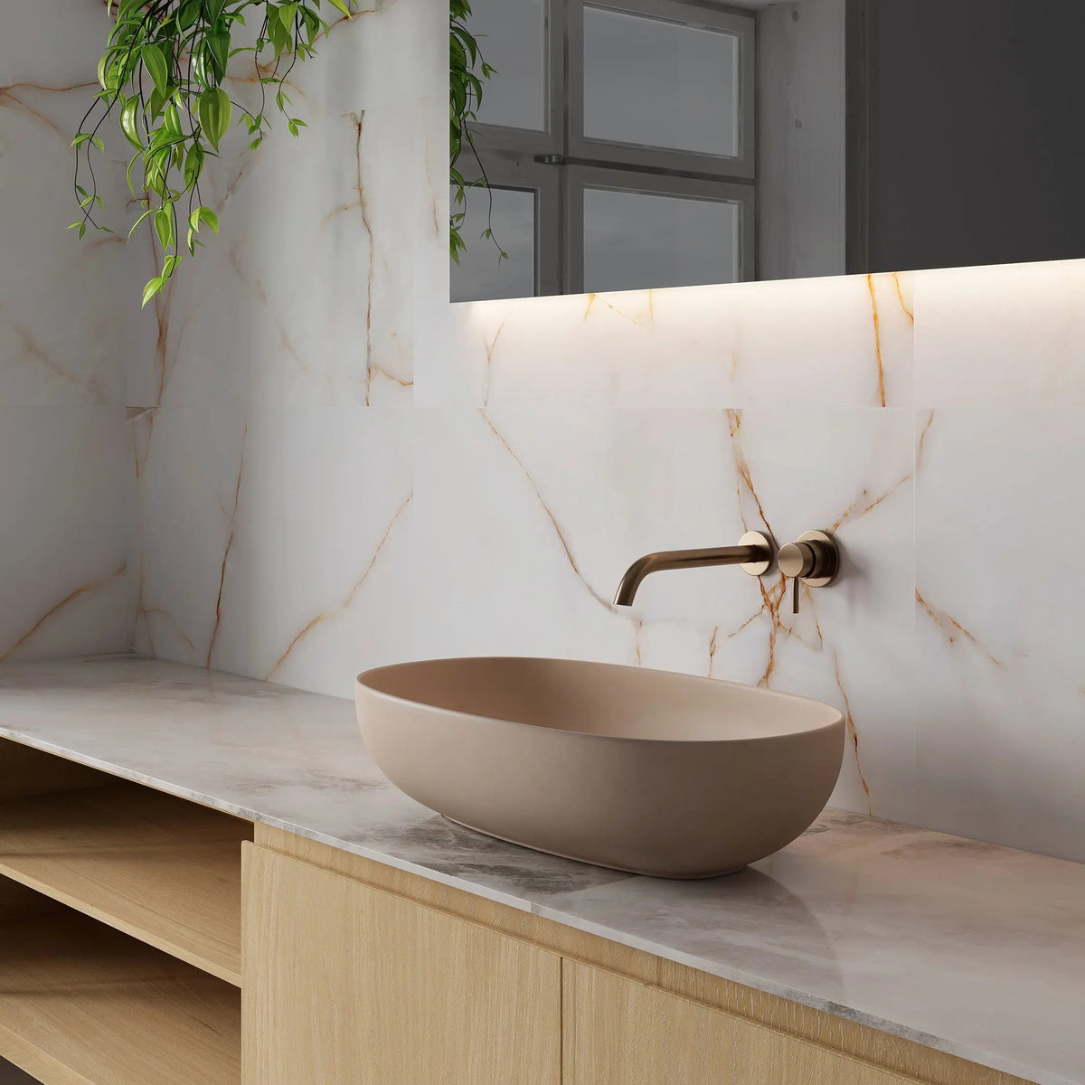 Topaz Gold 45 x 90cm glazed porcelain marble effect tile room setting