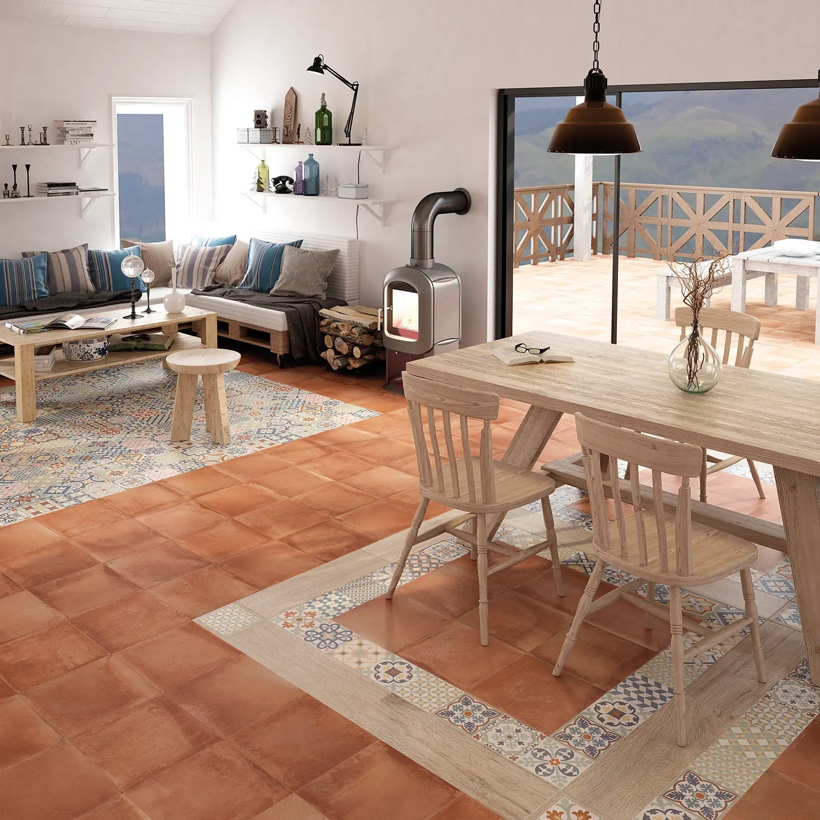 Rustic Cotto rustic porcelain tile terrace setting