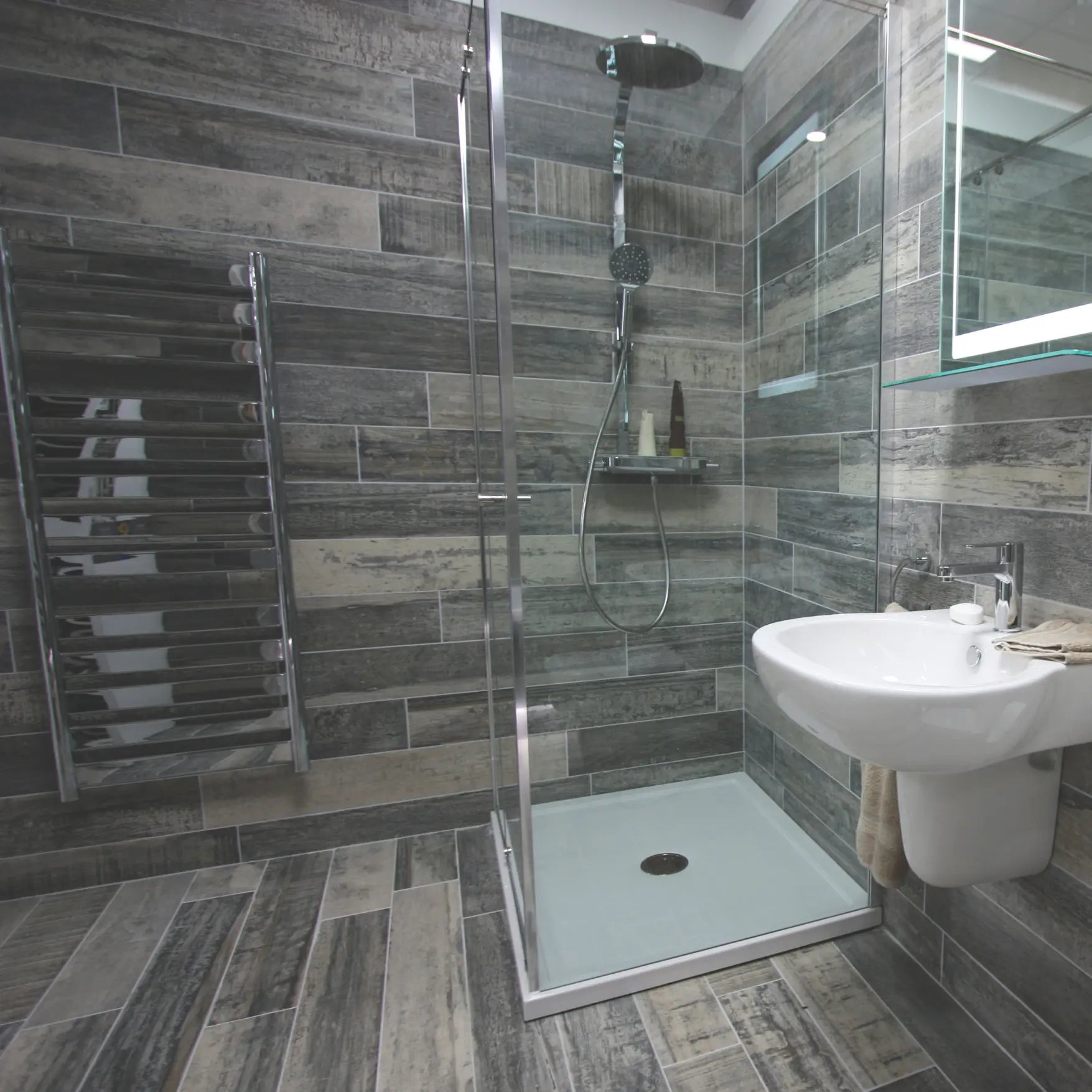 Origen Dark 15 x 90cm porcelain wood effect tile room setting