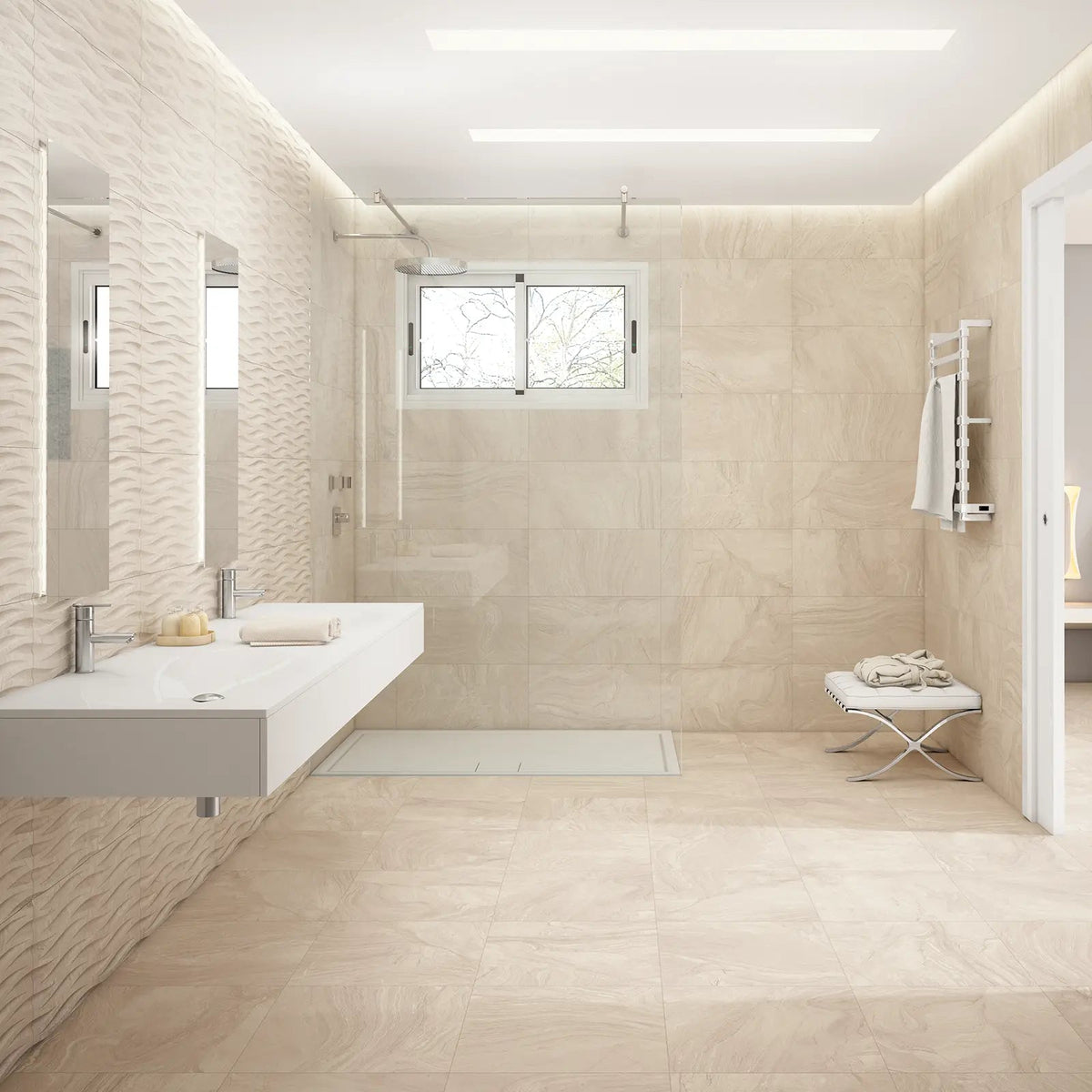 Varana Almond 32 x 62.5cm porcelain stone effect tile room setting