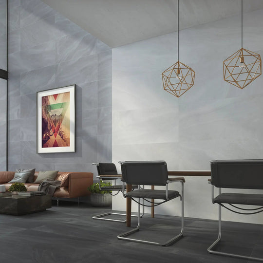 Austral Blanco 32 x 62.5cm stone effect porcelain tile room setting