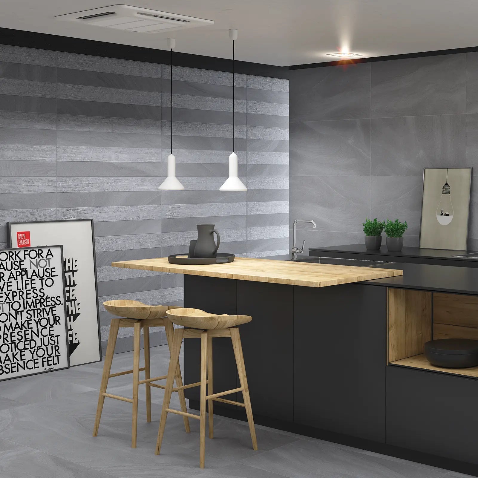 Austral Gris Decor 32 x 62.5cm stone effect porcelain feature tile room setting