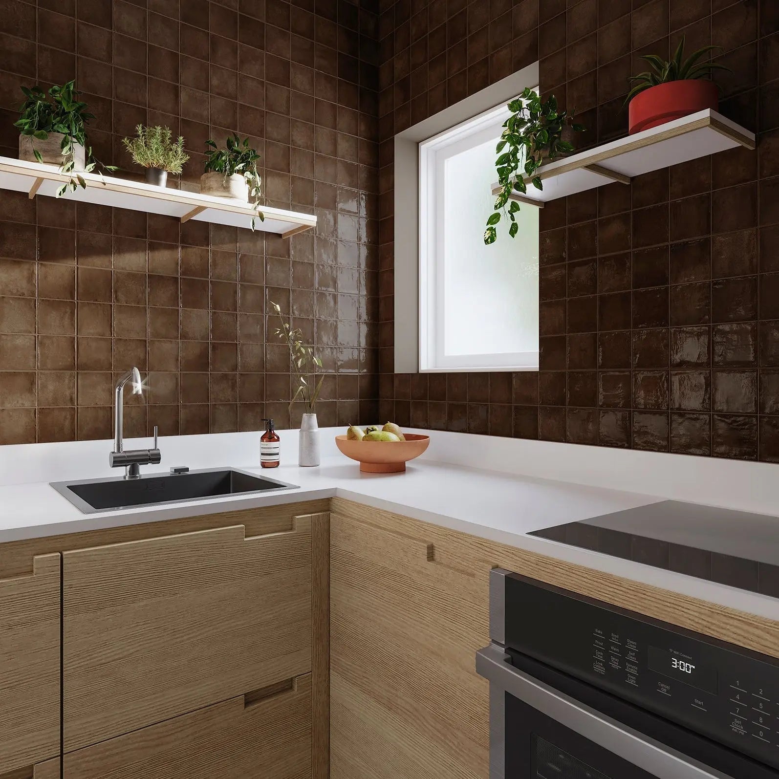 Dakota Chocolate brown gloss zellige-style tiles in a living space